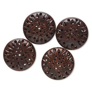 Bead, wood (natural), 33mm carved puffed flat round with holes and stars. Sold per pkg of 4. - Fire Mountain Gems and Beads