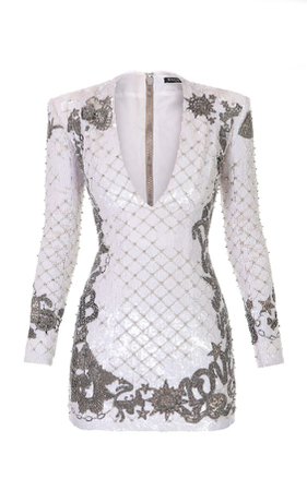 Balmain V-Neck Spiked Grid Sequin Embroidered Dress