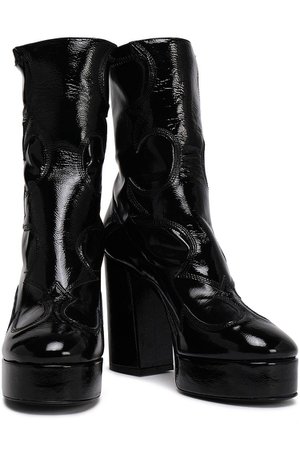 Black Jean crinkled vinyl and patent-leather platform ankle boots | Sale up to 70% off | THE OUTNET | McQ Alexander McQueen | THE OUTNET