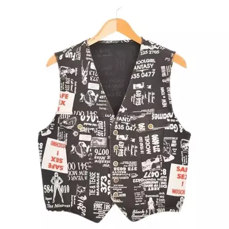 Rare 1990's Moschino Adult Ads Pattern Newspaper Print Waistcoat Jacket Top For Sale at 1stDibs