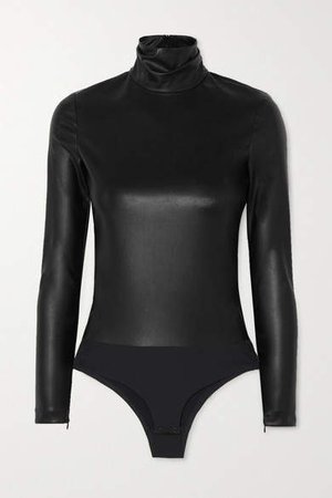Faux Stretch-leather Turtleneck Bodysuit - Black