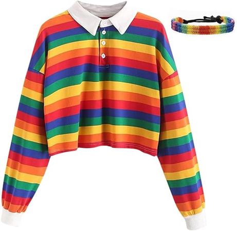 QQYG Chucky Camisa listrada com corda de mão listrada crop tops gola meio botão manga longa pulôver moletom bonito arco-íris para mulheres (tamanho: médio) | Amazon.com.br