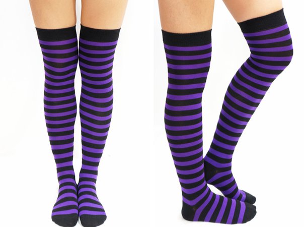 New Striped Thigh High Socks - Purple & Black on Luulla