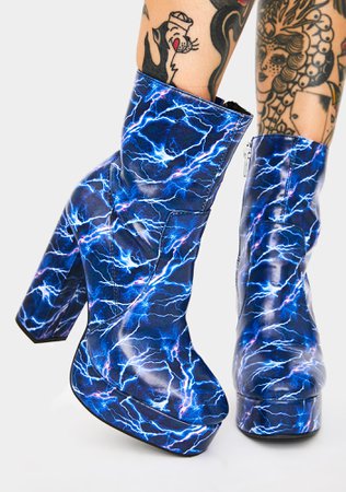 Current Mood Lightning Print Platform Ankle Boots Electric Blue | Dolls Kill