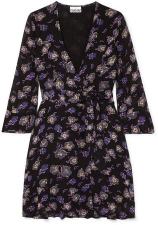 Floral-print Georgette Mini Wrap Dress - Black