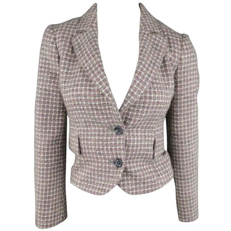 RED VALENTINO Jacket 2 Gray and Pink Plaid Wool Tweed Cropped Peak Lapel Blazer For Sale at 1stdibs