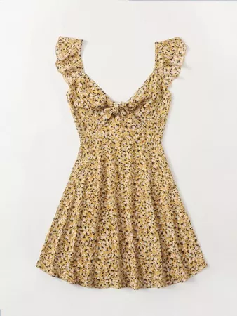 yellow Ditsy Floral Print Tie Front Dress | SHEIN USA