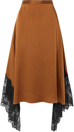 Asymmetric Lace-paneled Satin Midi Skirt - Brown