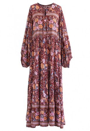 Boho Floral Puff Sleeves Loose Maxi Dress in Caramel - NEW ARRIVALS - Retro, Indie and Unique Fashion