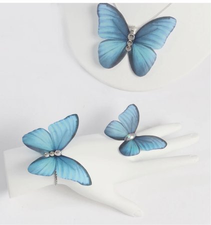 sky blue butterfly necklace, bracelet, ring