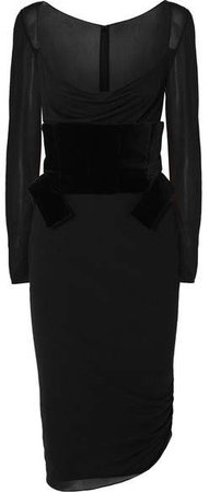 Belted Crepe And Velvet Midi Dress - Black
