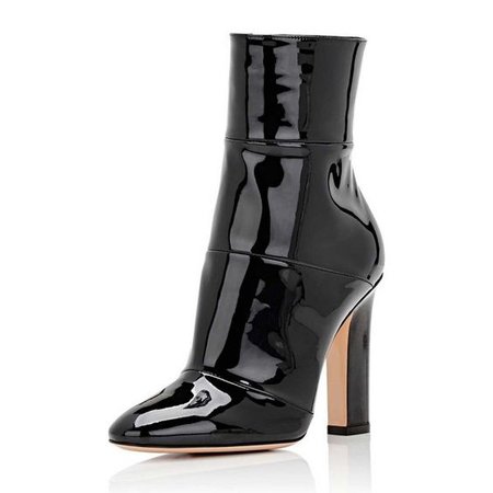 Black Chunky Heel Boots Patent Leather Pointy Toe Ankle Booties