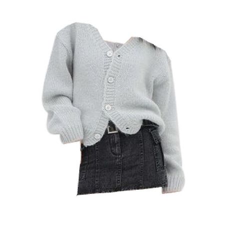 gray chunky cardigan sweater black belt denim mini skirt full outfit png
