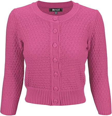 YEMAK Women's 3/4 Sleeve Crewneck Cropped Button Down Knit Cardigan Sweater (S-3X) at Amazon Women’s Clothing store