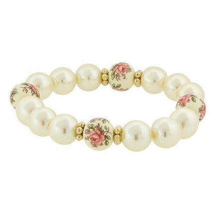 1928 Jewelry Gold-Tone Ivory Costume Pearl and Floral Beaded Stretch Bracelet