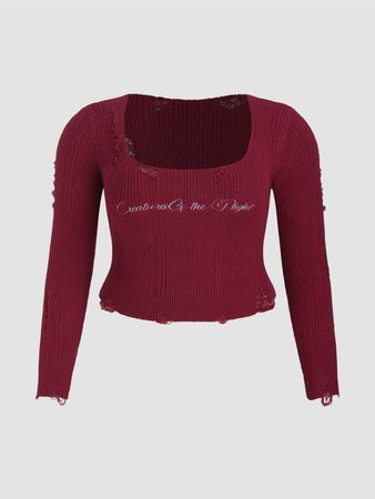 Square Neck Letter Ripped Knitted Long Sleeve Top Curve & Plus - Cider