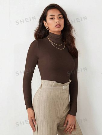 SHEIN BIZwear Solid Brown Color Fitted Women's T-Shirt With High Collar, Suitable As Work Clothes | SHEIN