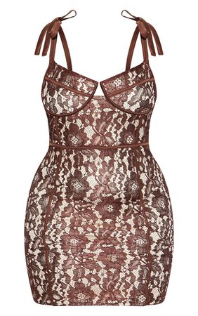 Chocolate Brown Lace Tie Strap Bodycon Dress | PrettyLittleThing USA