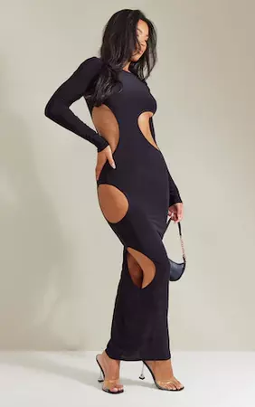 Black Slinky Multi Cut Out Long Sleeve Maxi Dress | PrettyLittleThing USA