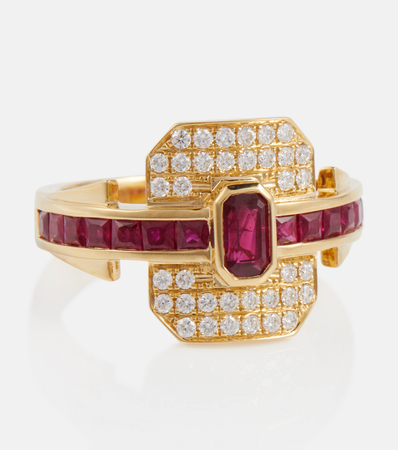 RAINBOW K Shield 18kt gold ring with diamonds and rubies