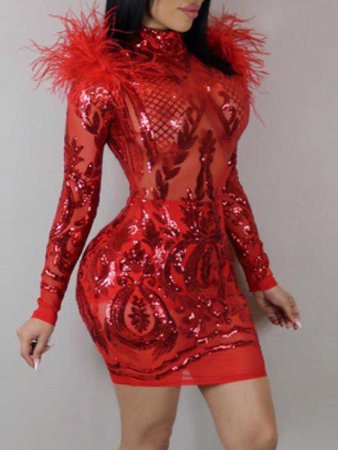Sheer Sequined Feather Design Bodycon Mini Dress Online. Discover hottest trend fashion at chicme.com