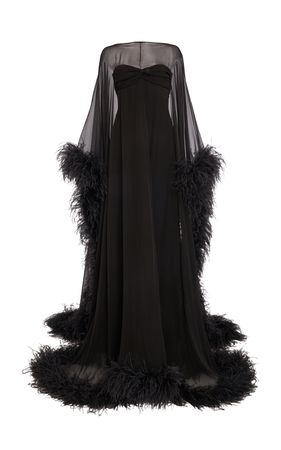 Cape-Detailed Feather-Trimmed Silk Gown By Valentino | Moda Operandi