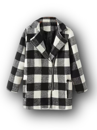 Black And White Plaid Coat With Inclined Zipper