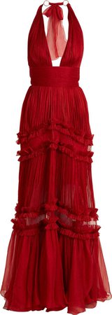 Red V-Neck Ruffle Evening Gown