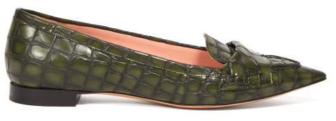 Point Toe Crocodile Effect Leather Flats - Womens - Dark Green