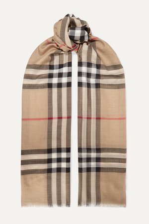 Beige Frayed checked wool and silk-blend scarf | Burberry | NET-A-PORTER