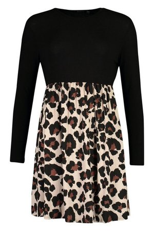 Leopard Contrast Sleeve Smock Dress | boohoo black
