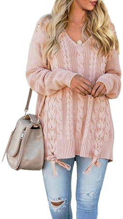Womens Pullover Sweaters Plus Size Cable Knit V Neck Lace Up Long Sleeve Fall Jumper Tops