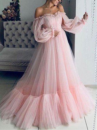 Pink Lace Off Shoulder Fluffy Tulle Grenadine Long Sleeve Prom Party Maxi Dress - Maxi Dresses - Dresses