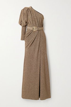 Gold One-sleeve belted ruched Lurex gown | PatBO | NET-A-PORTER