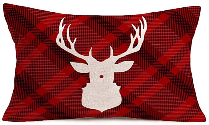 Amazon.com: Doitely Christmas Reindeer Throw Pillow Covers Retro Red Plaid Background Winter Home Decor Cotton Linen Cushion Cover Animal Deer Lumbar Farmhouse Pillow Cases Decorative 12x20 Inch: Home & Kitchen