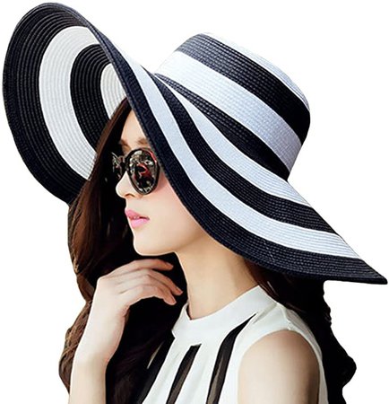 Itopfox Womens Beachwear Sun Hat Striped Straw Hat Floppy Big Brim Hat Black, One Size(22inch-22.8inch Circumference) at Amazon Women’s Clothing store