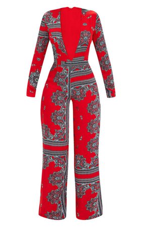 Red Scarf Print Long Sleeve Plunge Jumpsuit | PrettyLittleThing
