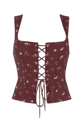 Clothing : Tops : 'Ileana' Wine Floral Lace Up Corset