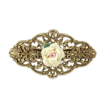 1928 Jewelry Gold-Tone Ivory Porcelain Rose Barrette
