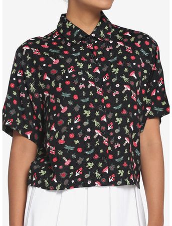 Black Mushroom Frog Boxy Girls Woven Button-Up | Hot Topic