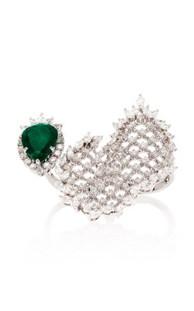 Double-Finger Diamond And Emerald Cage Ring by Yeprem | Moda Operandi