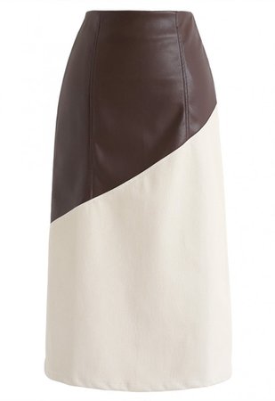 Spliced Faux Leather Split Skirt in Brown - NEW ARRIVALS - Retro, Indie and Unique Fashion