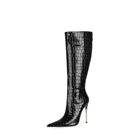 Sexy Snake Print Knee High Boots Metallic Stiletto Heel Boots With Back Zipper | Up2Step