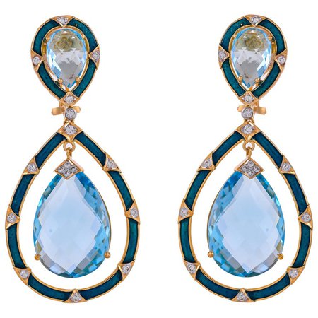 35.99 Carat Blue Topaz Enamel Diamond 18 Karat Yellow Gold Teardrop Earring For Sale at 1stdibs