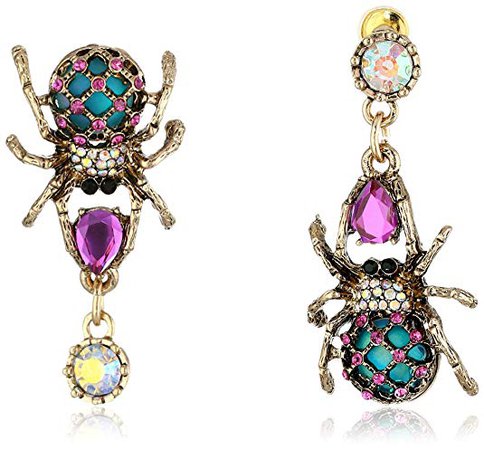 Betsey Johnson Women's Creepshow Spider Non-Matching Drop Earrings Pink/Antique Gold Drop Earrings: Jewelry