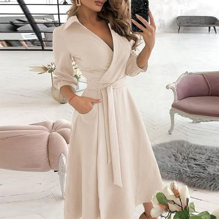 Amazon.com: SHOUJIQQ Women Solid Color Party Dress - Summer Sexy V Neck Pocket Long Dress Casual A-Line Long Sleeve Lace-Up Belted Dress : Clothing, Shoes & Jewelry