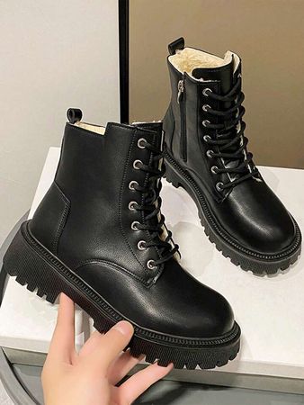 New Arrival Women's Fashionable Pure Color Snow Boots, Lace-up Front And Side Zipper Black Snow Boots | SHEIN