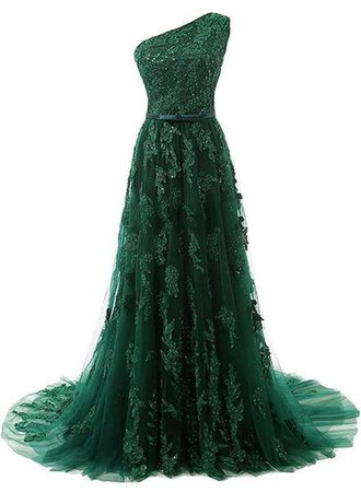 Green Tulle Elegant Party Dresses, One Shoulder Applique Formal Dresse – BeMyBridesmaid