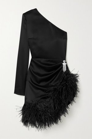 David Koma | One-sleeve feather-trimmed satin mini dress | NET-A-PORTER.COM
