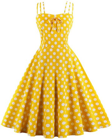 Sofkiny Women's Cami Strap Bright Yellow Polka Dots Tea Party 1950s Vintage Swing Dress